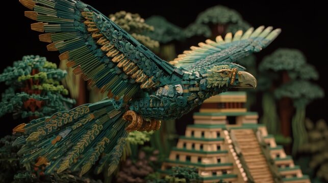 Aztec Eagle Sculpture with Pyramid Background