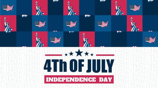 4K 4th of July Independence Day looping background video featuring a patriotic grid pattern with eagles, flags, and top hats, perfect for festive digital signage, greetings, and events.