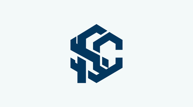 A dark blue geometric monogram logo design on a light background