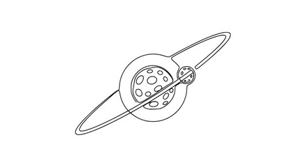 Abstract cosmic planet with ring system and moon, simple line art © Papa