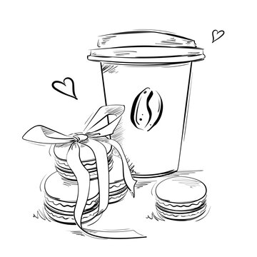 Black and white vector graphic illustration with a coffee cup and macaroons