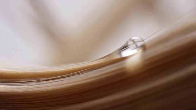 A crystal-clear serum droplet slowly traveling along a healthy hair strand, highlighting nourishment, hydration, smooth texture, glossy shine, and premium haircare treatment benefits.