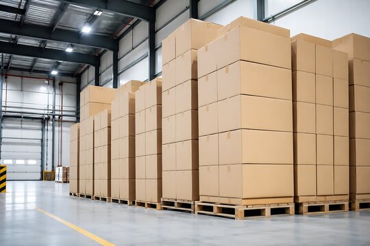Large distribution warehouse facility with tall stacks of cardboard boxes on wooden pallets ready for dispatch. end of the year sales offer eofy. end of the year sales offer eofy business offer