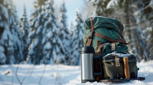 Snowy Landscape with Hiking Backpack and Thermos Surrounded by Pine Trees in Winter Adventure Setting
