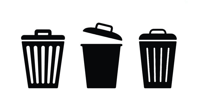 Three black trash cans with lids on white background