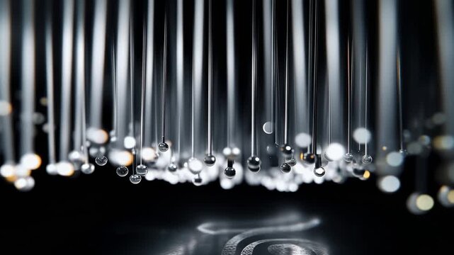 Glass rods gleam against a stark black background