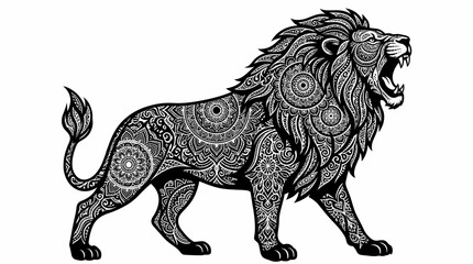 Obraz premium highly detailed black and white vector illustration of a lion with its mouth open, showcasing intricate mandala patterns across its body, set against a plain white background.