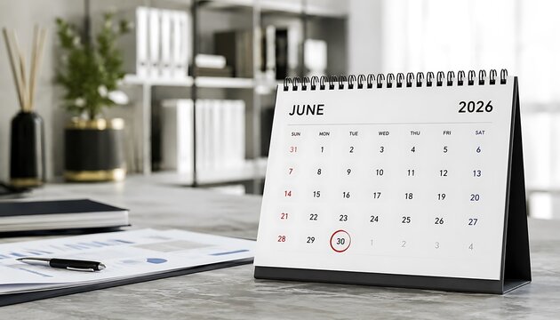Desktop calendar showing the month of june 2026 on a stone office desk. end of the year sales offer eofy business offer with calendar, schedule. end. of the year sales offer eofy business offer