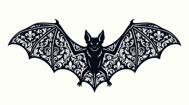 detailed black silhouette of a bat with intricately designed wings featuring ornate floral patterns, crowns, and fleur-de-lis on a plain white background.