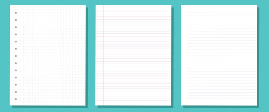 Notebook paper sheets set with grid, ruled and lined page templates vector illustration