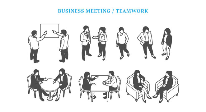 Minimalist Isometric Line Art Architectural Scale Figures Set, CAD Blocks of Business Professionals Meeting and Sitting in Dimetric View for Office and Corporate Rendering