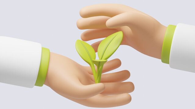 Hand with leaves on light background. Healthy lifestyle and ecology concept. 3d-render icon