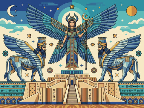 Ancient Mesopotamian Goddess Ishtar with Lamassu Guardians at a Ziggurat Temple, Sumerian Mythology Vector Illustration of Inanna