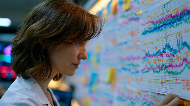 Sleep researcher's over-the-shoulder view examining hypnogram printout pinned to a research wall covered in annotated sleep stage charts, circadian rhythm markers highlighted, neuroscience laborator