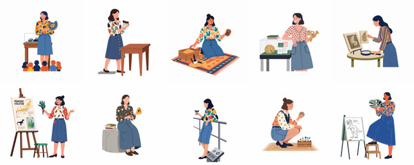 Illustrations of a female paleontologist working in a museum, teaching students, researching fossils, and displaying prehistoric artifacts in various educational settings. © PaPat