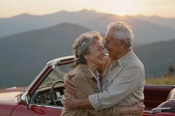 Fototapeta premium Elderly couple enjoys sunset in vintage car on mountain road