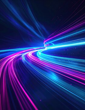Abstract neon light trails curving through a dark digital space.