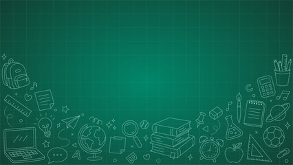 Academic Green Blackboard Background Featuring Hand Drawn School Supplies, Science Icons and Study Concept Illustration © CHOICE20