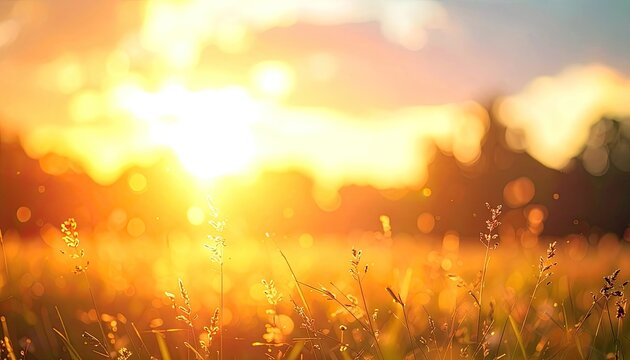 Golden hour sunset illuminates a meadow with bokeh lights and grass.
