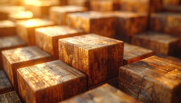 Golden light illuminates a textured surface of wooden blocks arranged in a grid.