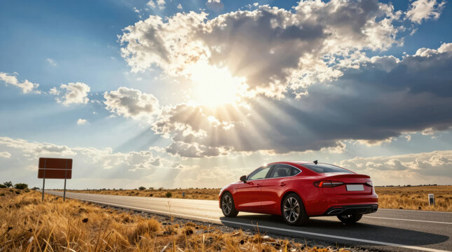 Driving a red car on an open road under a bright sky with clouds in the distance