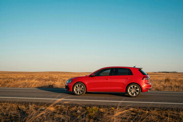 Fototapeta premium Red car drives on empty road during sunset in wide open space
