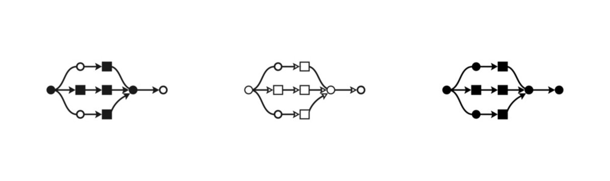 Diagrammatic representation of three distinct flowcharts with circular and linear elements illustrating process or system designs