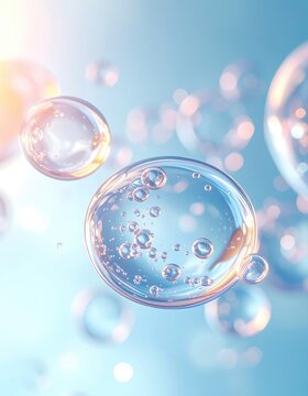 Macro view of translucent spheres filled with tiny bubbles, floating in a light blue fluid with soft bokeh effects.