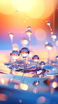 A close-up abstract view of water droplets suspended in the air, reflecting warm light.