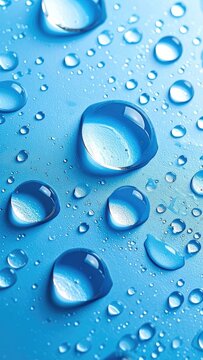 Macro photograph of water droplets on a blue surface.