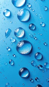 Close-up view of numerous water droplets scattered across a vibrant blue surface.