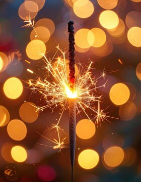 A lit sparkler bursts with vibrant light and sparks against a bokeh background of warm, glowing circles.