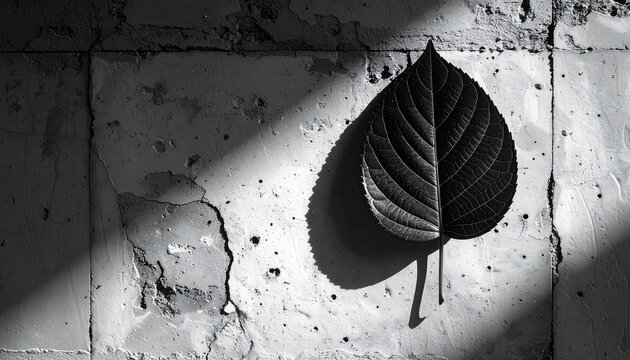 A stark black and white image features a single dark leaf resting on a cracked, textured surface.