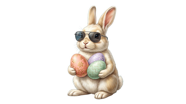 Cool Easter bunny wearing sunglasses holding colorful eggs, adorable rabbit with spring holiday decorations, festive animal character isolated PNG with Transparent Background