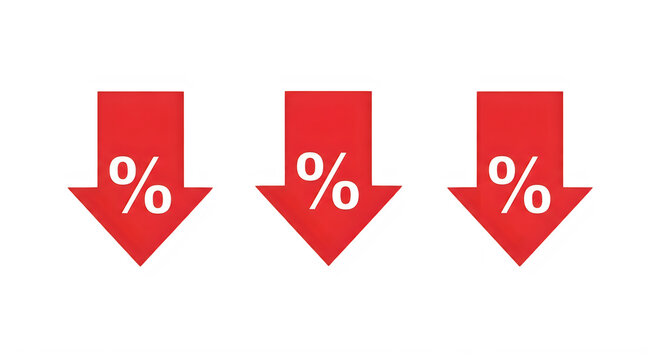 Red downward arrows with zero percent symbol showing decline or reduction isolated on transparent background