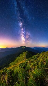 A scenic mountain ridge under the vast expanse of the Milky Way.