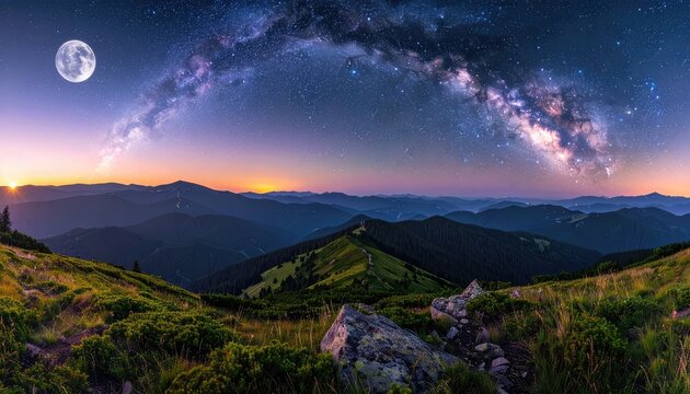 Panoramic view of the Milky Way arching over a mountain range at twilight with a full moon.