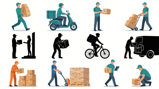 Professional vector collection of delivery couriers in multiple logistics activities, carrying parcels, scanning packages, riding scooters, transporting boxes, doorstep delivery, shipment handling