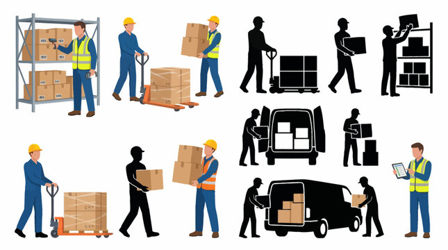 Professional vector collection of warehouse workers performing logistics and inventory tasks, carrying cartons, scanning barcodes, organizing shelves, loading shipments, operating pallet jacks
