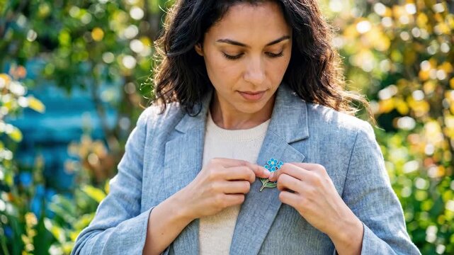 Woman pinning blue forget-me-not brooch on blazer lapel in garden. Symbol of remembrance and hope for missing children. International missing children day awareness concept