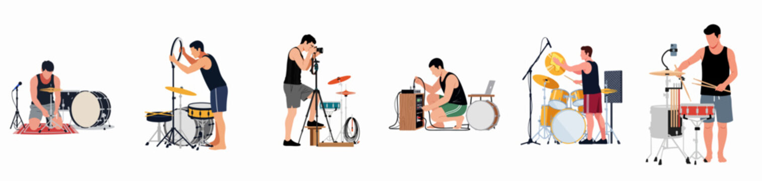 A series of illustrations showing a man setting up, photographing, and recording a drum kit for music content creation and digital media production.