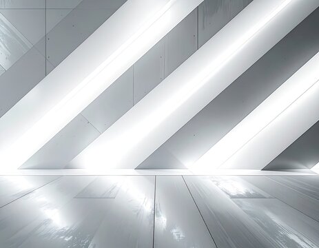 Modern minimalist interior with diagonal light installations.
