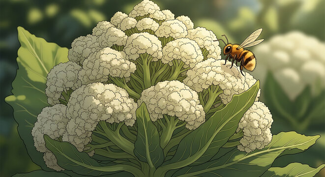 Close-up of a cauliflower plant with a bee pollinating the vegetable.