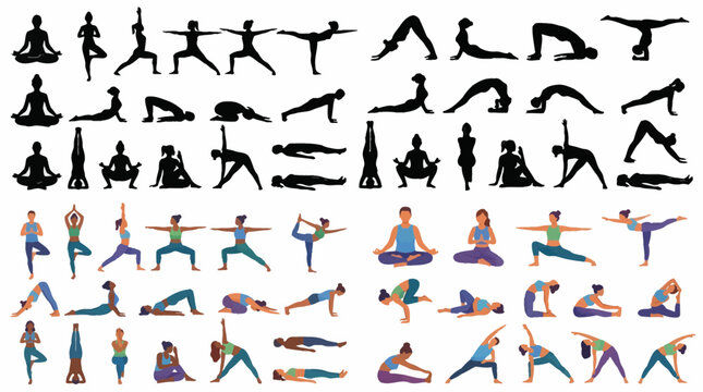 Professional vector collection of yoga practitioners performing multiple yoga poses, meditation, stretching, balance exercises, wellness activities, lotus pose, warrior pose