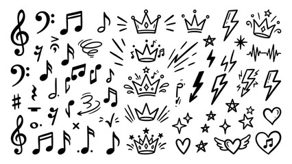 Hand drawn doodle icons set with music notes crowns lightning bolts stars and hearts for creative graphic design vector illustration © Artastic