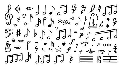Hand drawn music notes and musical symbols doodle vector set with treble clef bass clef and metronome for creative design © Artastic