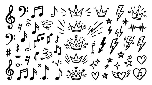 Hand drawn doodle icons set with music notes crowns lightning bolts stars and hearts for creative graphic design vector illustration