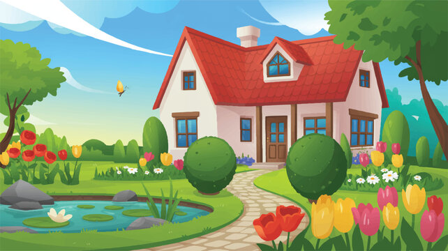 a house with a red roof and a garden with a pond and flowers