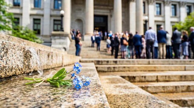 Forget-me-not flowers tied with twine on stone steps of public building. Blurred diverse crowd gathered nearby. Symbol of remembrance for international missing children day awareness