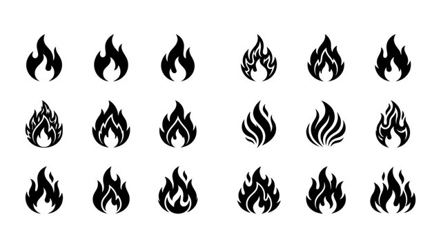 Set of black fire flame icons and silhouette symbols vector graphic collection for logo design and warning signs